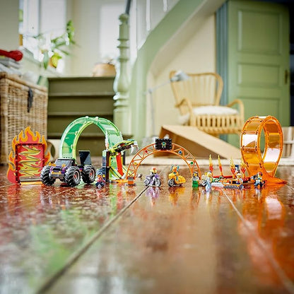 LEGO City Stuntz Double Loop Stunt Arena 60339, Monster Truck Playset with 2 Toy Motorcycles, Ramp, Wall of Flames, Ring of Fire, Snapping Snake Loop and 7 Minifigures, for Kids Ages 7 Plus