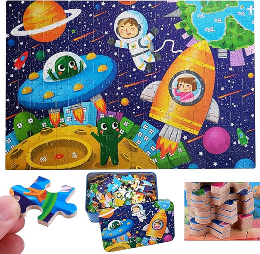 200 PCS Wooden Kids Puzzles for Boys Girls Jigsaw Puzzles for Kids Toddlers Children Teens Adult Age 5+ Toys Gifts for 5-15 Years Old Floor Puzzle Iron Box Storage (Space)
