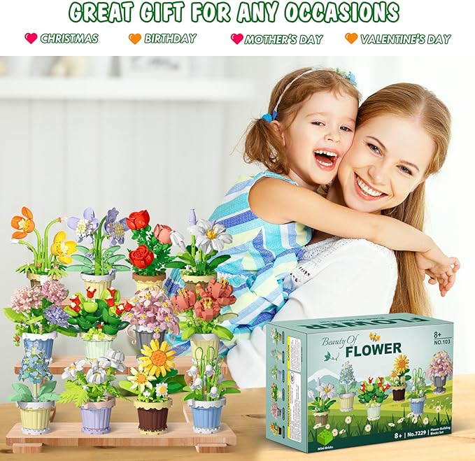 POKONBOY 12 Pack Flower Botanical Bonsai Building Set, Micro Mini Blocks Artificial Flowers DIY Plant Model for Adults, Botanical Collection Home Décor Christmas Birthday Gift (2531 Pcs)