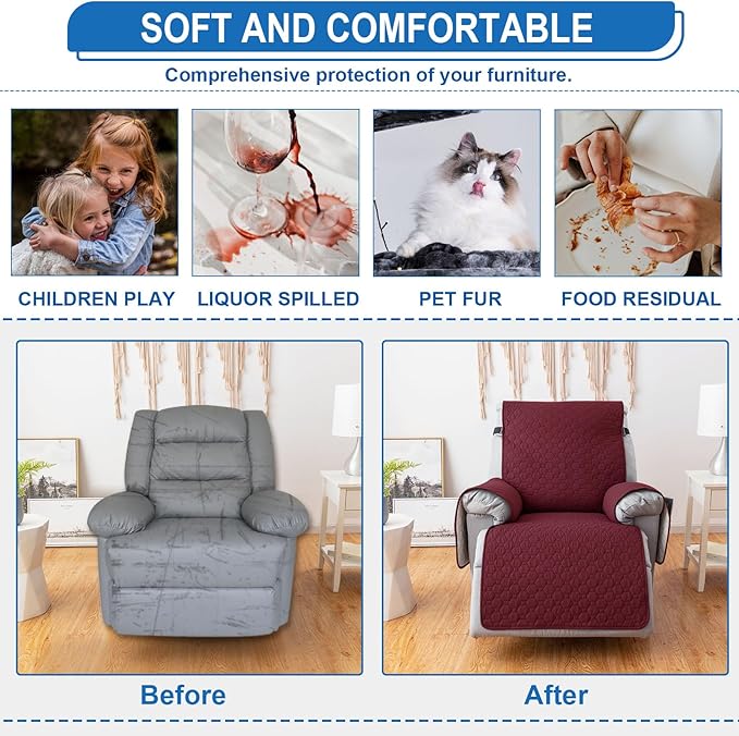 100% Waterproof Recliner Chair Covers That Stay in Place, Non-Slip Recliner Cover with 5 Pockets, Elastic Straps, Washable Reclining Chair Protector for Kids, Pets, Dogs, Red