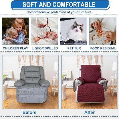 100% Waterproof Recliner Chair Covers That Stay in Place, Non-Slip Recliner Cover with 5 Pockets, Elastic Straps, Washable Reclining Chair Protector for Kids, Pets, Dogs, Red