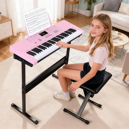 ZENY 61-Key Portable Electric Keyboard Piano with Built In Speakers, LED Screen, Headphones, Microphone, Piano Stand, Music Sheet Stand and Stool (Pink)
