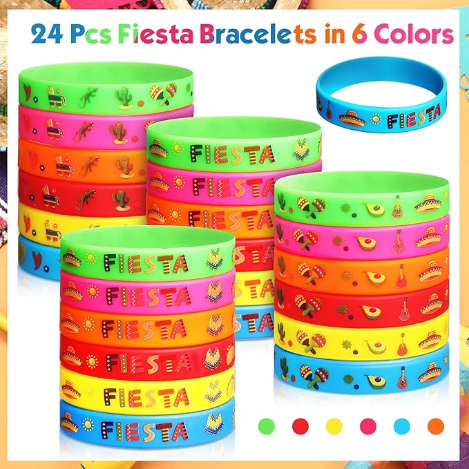 Xinnun 24 Pcs Mexican Fiesta Rubber Bracelets Fiesta Party Silicone Wristbands Mexican Party Favors with Taco Cactus Piñata Pattern for Let's Fiesta Cinco De Mayo Party(Fiesta)