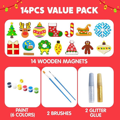 JOYIN 14 Christmas Wooden Magnet Creativity Arts & Crafts Painting Kit Decorate Your Own for Kids Paint Gift, Birthday Parties and Family Crafts, Holiday Stuffers(Age 8+)