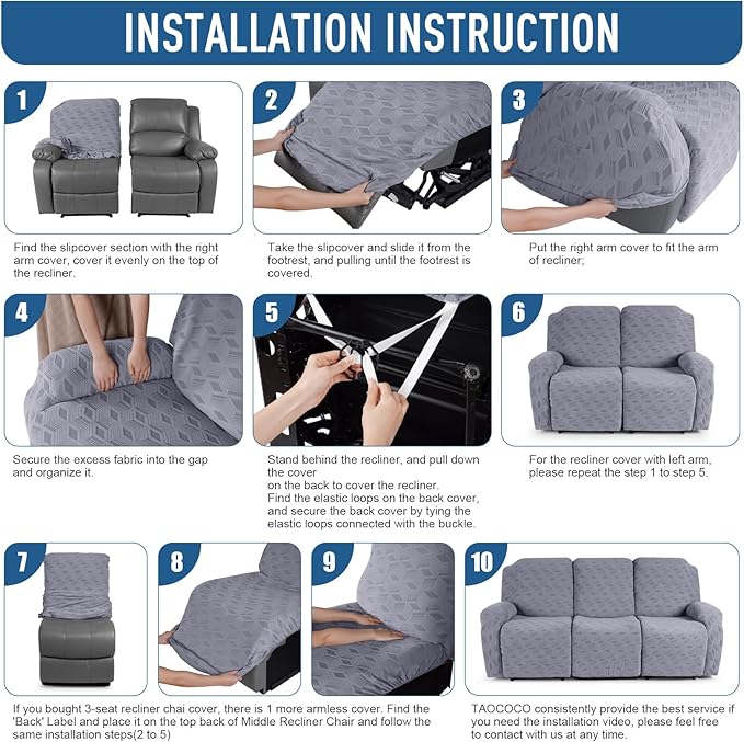 TAOCOCO Recliner Sofa Covers Stretch Reclining Couch Cover, Jacquard Recliner Couch Cover for 3 Seat Furniture Protector Sofa Slipcovers with Elastic Bottom for Kids, Pets (Light Grey)