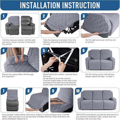 TAOCOCO Recliner Sofa Covers Stretch Reclining Couch Cover, Jacquard Recliner Couch Cover for 3 Seat Furniture Protector Sofa Slipcovers with Elastic Bottom for Kids, Pets (Light Grey)
