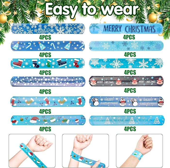 KIMOBER 48PCS Christmas Slap Bracelets,Assorted Snap Wristbands with Xmas Elements for Kids Party Favors