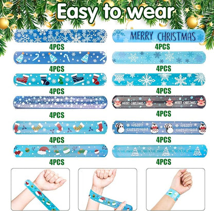 KIMOBER 48PCS Christmas Slap Bracelets,Assorted Snap Wristbands with Xmas Elements for Kids Party Favors
