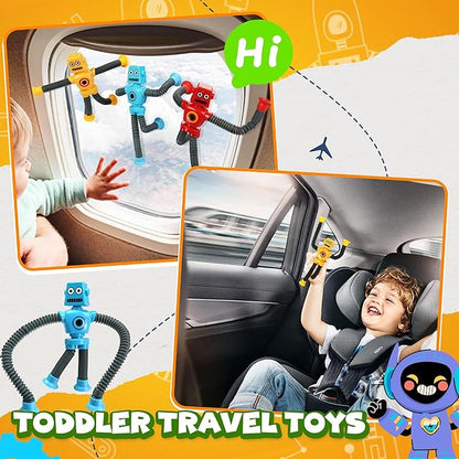 Robot Sensory Travel Toys 4Pcs for Toddlers Kid Boy Year Old Ages 3 4 5 6 7 8 9,Airplane Activities Suction Autism Pop Tube Fidget Toys Autistic Stocking Easter Basket Stuffer Valentine Gift for Kids