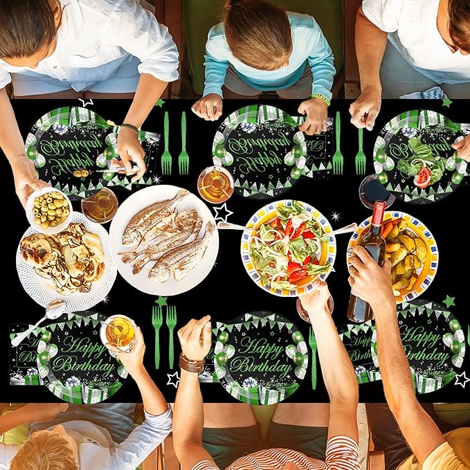 Green Happy Birthday Party Supplies Green Silver Black Party Tableware Includes Confetti Sprinkles Plates Napkins Fork and Green Birthday Tablecloth for Birthday Parties Decorations Set Serve 20