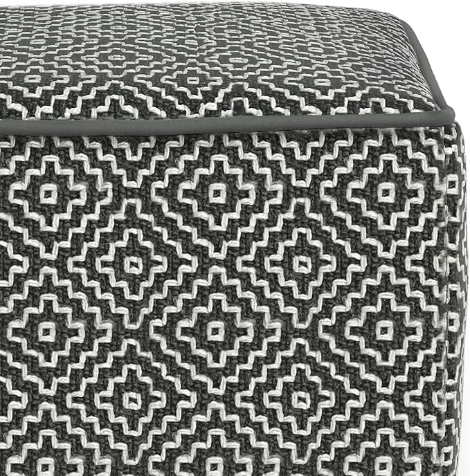 SIMPLIHOME Briella 18 Inch Boho Square Woven Outdoor/ Indoor Pouf in Grey and White Recycled PET Polyester, For the Living Room, Bedroom and Kids Room