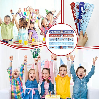 130PCS Hockey Party Favors - Incliding Hockey Keychains, Ice Hockey Gift Bags, Slap Bracelets, Hockey Stickers, Sports Mini Foam Fingers for Boys Fans Sports Hockey Birthday Party Supplies