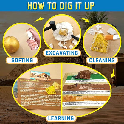Ancient Wonders Dig Kit, Excavate 6 Famous Landmarks Figurines & 6 Rocks, with History Learning Cards, Wonders of The World Toy Archaeology Set, STEM Party Favor Gifts for Boys & Girls Age 6+