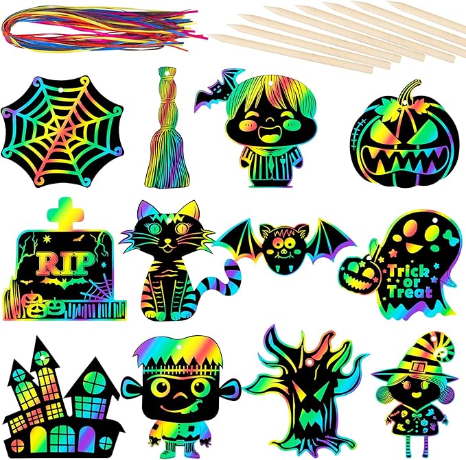Halloween Scratch Paper Art Set - 48 Pcs Halloween Magic Rainbow Scratch Off Cards for Kids, Pumpkin, Ghost, Witch Hanging Ornaments for Halloween Party Favors Activities(12 Styles)