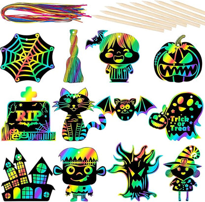 Halloween Scratch Paper Art Set - 48 Pcs Halloween Magic Rainbow Scratch Off Cards for Kids, Pumpkin, Ghost, Witch Hanging Ornaments for Halloween Party Favors Activities(12 Styles)