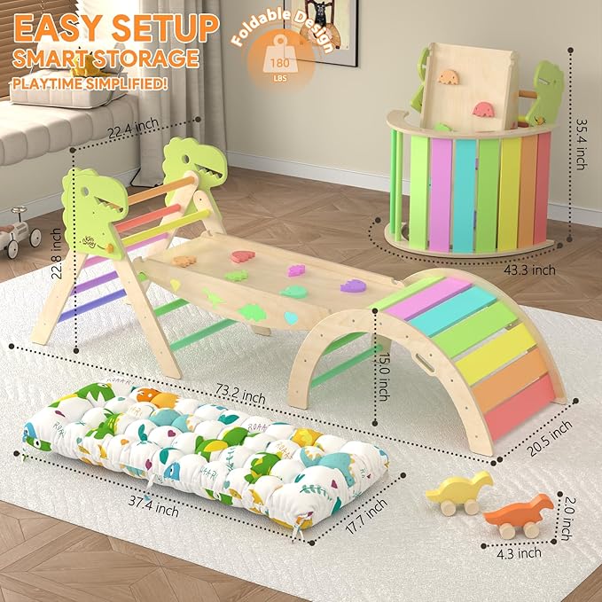 Pikler Triangle Set with Cushion 9 in 1 Climbing Toys for Toddlers 1-3 Indoor Baby Gym Toddler Montessori Toys Wooden Climbing with Maze, Shape Sorting, Dinosaur Car