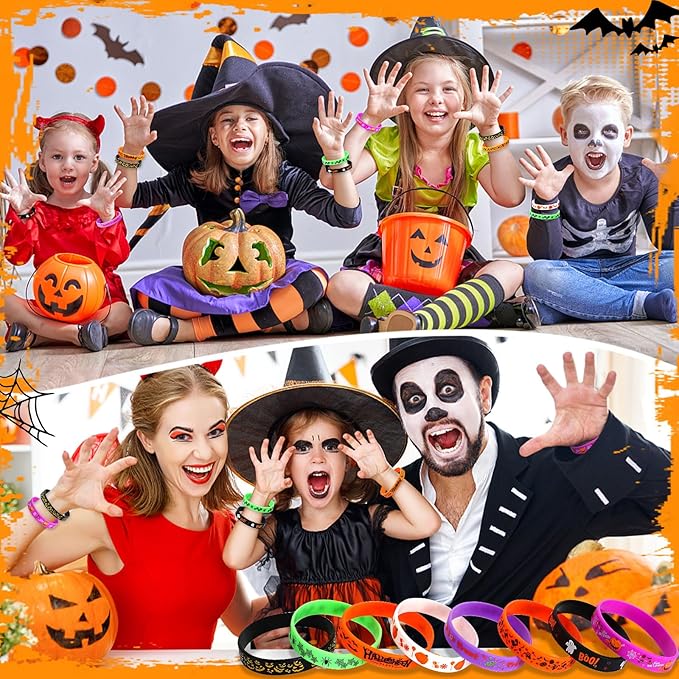JUNEBRUSHS Halloween Party Favors, 24pcs Halloween Silicone Bracelets Rubber Wristbands for Halloween Party Decorations Trick or Treat Goodie Bag Stuffers Fillers Accessories Supplies(8 Designs)