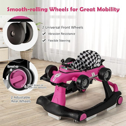 HONEY JOY 4-in-1 Baby Walker, Activity Push Walker w/3 Adjustable Heights, Smooth Wheels w/Adjustable Speed, Padded Seat, Music & Light, Foldable Car Walker for Baby Boys Girls Age 6 Months+ (Pink)