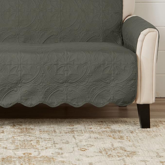Great Bay Home Medallion Stitched Solid Furniture Protector Stain Resistant Durable Furniture Protector Elenor Collection (Loveseat, Sage Green/Light Gray)
