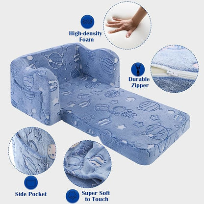 MeMoreCool Toddler Fold-Out Chair for Girls Boys, Glow-in-The-Dark Folding Baby Couch, Convertible Plush Recliner Lounger for Kids Playroom (Glowing Astronaut)