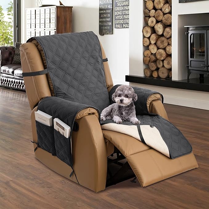 TOMORO Non-Slip Quilted Recliner Cover, 100% Waterproof Recliner Chair Slipcover Furniture Protector with Pockets, Washable Couch Cover with Elastic Straps for Kids and Pets，23 Inch