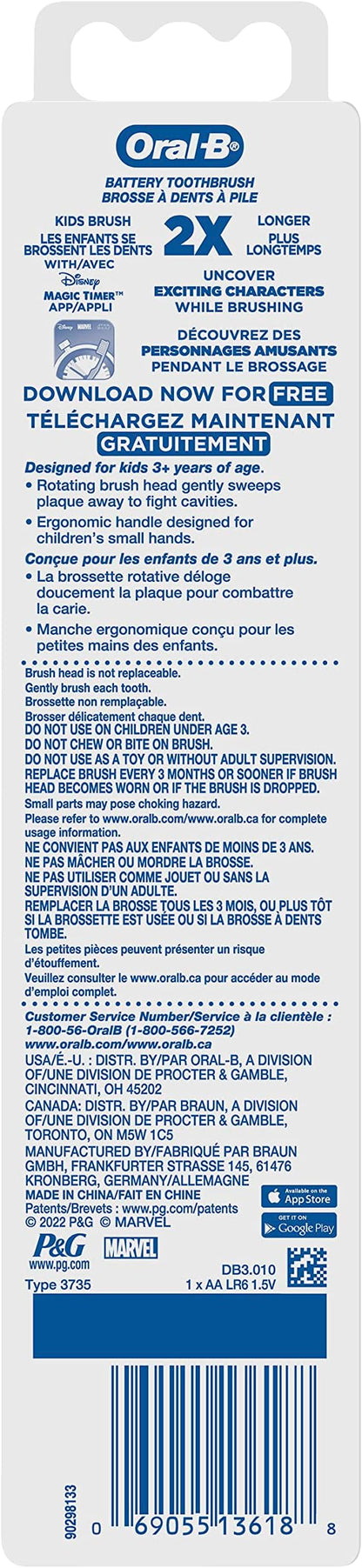 Oral-B Kid's Battery Toothbrush Featuring Marvel's Avengers, Soft Bristles, for Kids 3+ (Character May Vary) (Pack of 2)