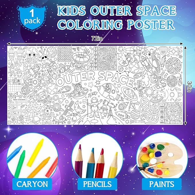 Outer Space Giant Coloring Poster for Kids 30 x 72 Inch, Space Large Coloring Poster Tablecloth, Outer Space Themed Color-in Activities Games for Kids School Classroom Home Party Supplies Decorations