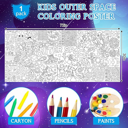 Outer Space Giant Coloring Poster for Kids 30 x 72 Inch, Space Large Coloring Poster Tablecloth, Outer Space Themed Color-in Activities Games for Kids School Classroom Home Party Supplies Decorations
