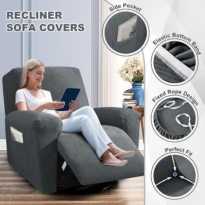 JIVINER Recliner Chair Covers 3 Pieces Lazy Boy Covers for Recliner with Pockets, Washable Reclining Slip Cover Stay in Place Stretch Sofa Furniture Protector for Kids, Pets (Recliner, Dark Gray)