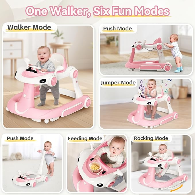 Baby Walker with Wheels, 7-in-1 Foldable Baby Walkers for Boys Girls 6-12 Months with Feeding Tray & Music, Lights,Rocker,Sun Canopy, Bouncing Pedal, Adjustable Wheel Speed, Push Walker (Pink)