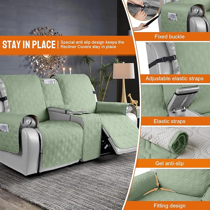 VANSOFY Loveseat Recliner Cover with Console 100% Waterproof Sofa Slipcovers Non-Slip Reclining Couch Cover Split Sofa Covers Furniture Protector for Pets, Dogs(Light Green)