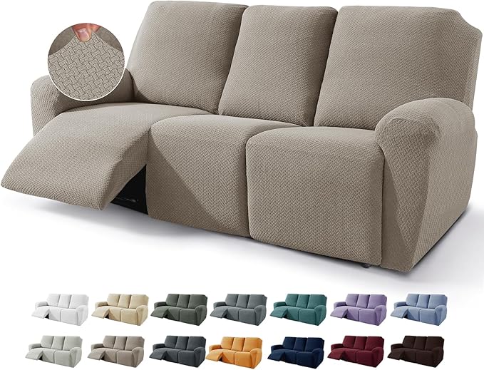 JIVINER 8-Piece Recliner Sofa Covers Stretch Jacquard Couch Covers for Recliner Slipcovers for Living Room 3 Cushion Soft Recliner Protector with Pocket (Sofa Recliner, Khaki)