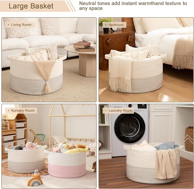 OIAHOMY 90L XXXLarge Blanket Basket for Living Room, 21.7" x 13.8" Woven Cotton Rope Laundry Basket for Organizing Pillows, Decorative Stuffed Animal Toy Storage Bin for Nursery, Black and White