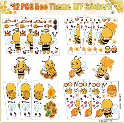 Erweicet Bee Party Favors 72 PCS Cute Bee Slap Bracelets DIY Stickers Honeycomb Temporary Tattoos Keychain Plastic Straws Gift Bags for Bee Day Theme Kids Birthday Party Baby Shower Party Supplies