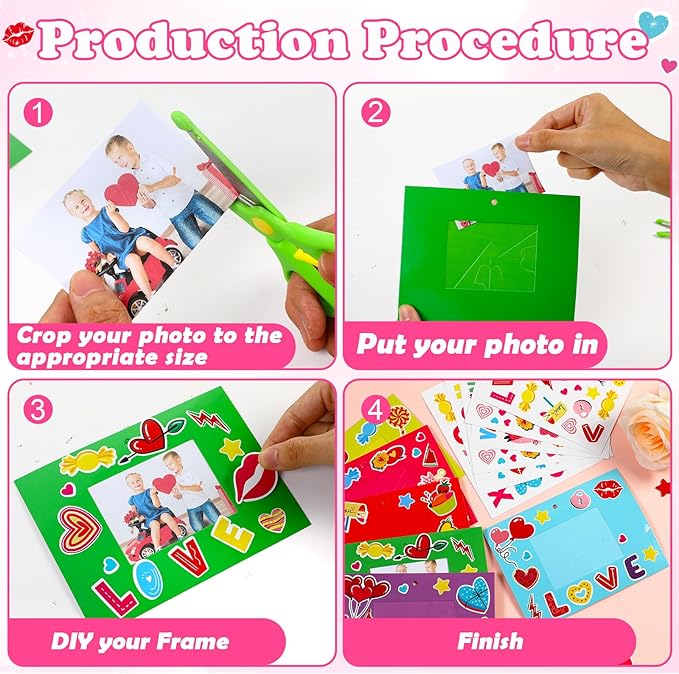 Qyeahkj 48 Sets Valentines Day Picture Frame Craft Kits with Easel Valentine 's Day Craft Arts for Kids with Heart Stickers Valentines DIY Photo Frame for Fun Home Class Kindergarten Party Activity