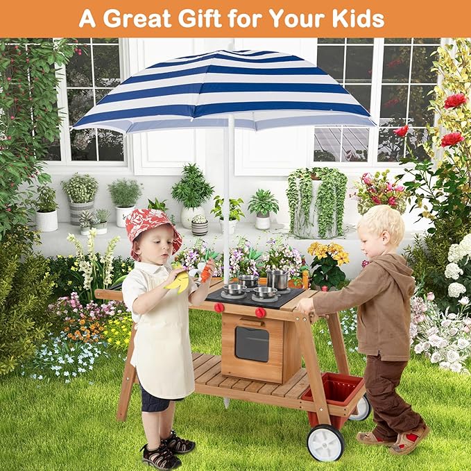 HONEY JOY Mud Kitchen with Umbrella, Wooden Rolling Mud Table Cart, Toddler Outdoor Kitchen Playset, Sink, Faucet, Planting Pots, Utensils, Storage Cabinet, Mud Kitchen for Kids Outdoor with Wheels