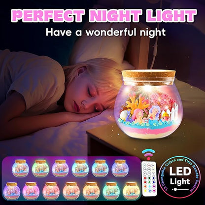VigorFun Mermaid Terrarium Kit for Kids - Creative LED Night Light Gifts for Girls Birthday Age 3+, DIY Arts & Crafts Light Up Kit, Mermaids Toys for Kids 4 5 6 7 8 9 10 Year Old