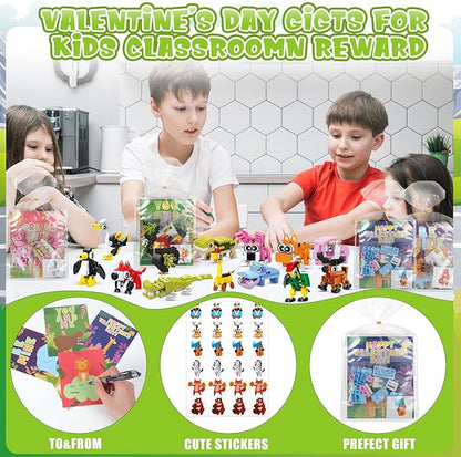 Erweicet Valentines Day Gifts for Kids 24 PCS Animals Building Blocks with Valentines Gift Cards for Kids Boys Girls Classroom Gift Exchange