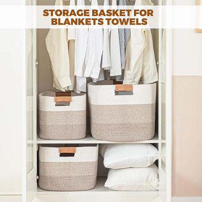 danpinera 108L Large Blanket Basket for Living Room, Woven Storage Basket with Leather Handles, Cotton Rope Storage Organization in Nursery for Toys & Clothes 25 ''* 16 ''*16 '', Gradient Brown