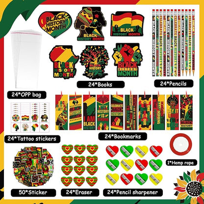 218 PCS Black History Month Party Favors Happy Juneteenth Party Classrooms Exchange Stationery Giveaways Sets Class Reward Prizes Pencils Erasers Stickers for African American Party Supplies (BHM)