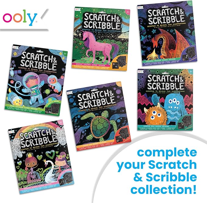 Ooly Scratch & Scribble 10pc Art Kit with 8 Total Scratch Cards (4 Illustrated, 2 Blank, 2 Rainbow) with Scratching Tool and Sparkled Stickers, Art Set Gifts for Kids - Space Explorers
