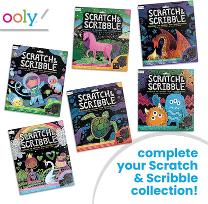 Ooly Scratch & Scribble 10pc Art Kit with 8 Total Scratch Cards (4 Illustrated, 2 Blank, 2 Rainbow) with Scratching Tool and Sparkled Stickers, Art Set Gifts for Kids - Space Explorers