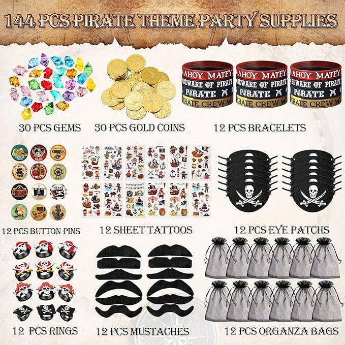 144 Pcs Pirate Party Favors Supplies Include Pirate Bracelet Nautical Tattoo Button Pin Eye Patch Gold Coin Gem Ring Mustache Organza Bag for Kids Boy Pirate Birthday Party Goodie Bag Fillers