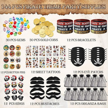 144 Pcs Pirate Party Favors Supplies Include Pirate Bracelet Nautical Tattoo Button Pin Eye Patch Gold Coin Gem Ring Mustache Organza Bag for Kids Boy Pirate Birthday Party Goodie Bag Fillers