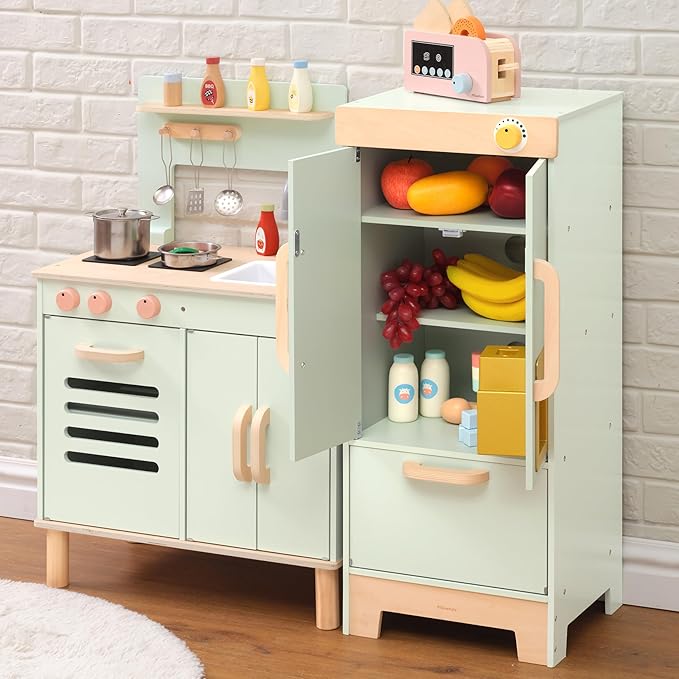 Wooden Play Kitchen Toy Fridge,Pretend Play Fridge with Ice Maker,Kids Refrigerator Freezer Set Kitchen Accessories,Toddler Play Kitchen for Boys & Girls Age 3+