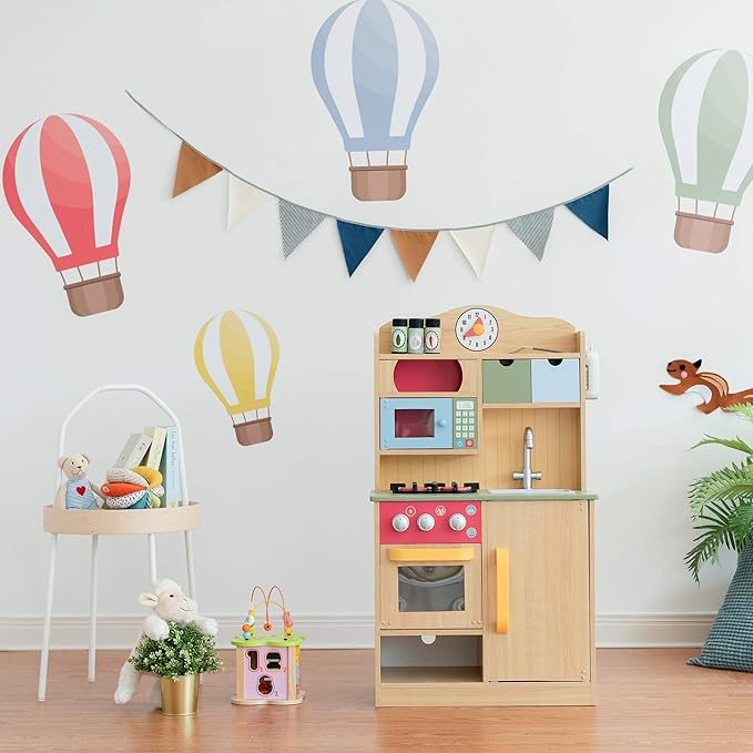 Teamson Kids Little Chef Florence Classic Interactive Wooden Play Kitchen with Accessories and Storage Space for Easy Clean Up, Wood Grain with Red and Yellow Accents