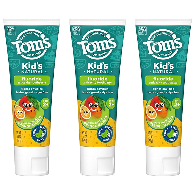 Tom's of Maine ADA Approved Fluoride Children's Toothpaste, Natural Toothpaste, Dye Free, No Artificial Preservatives, Outrageous Orange Mango, 5.1 oz. 3-Pack (Packaging May Vary)