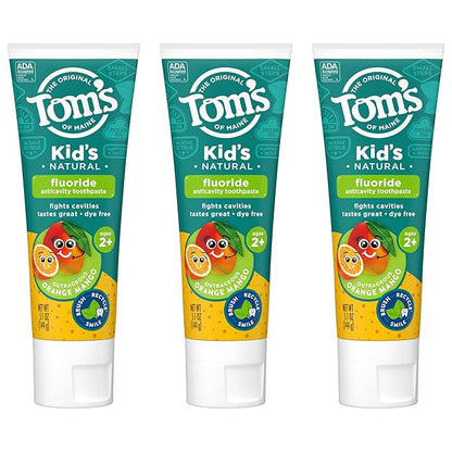Tom's of Maine ADA Approved Fluoride Children's Toothpaste, Natural Toothpaste, Dye Free, No Artificial Preservatives, Outrageous Orange Mango, 5.1 oz. 3-Pack (Packaging May Vary)