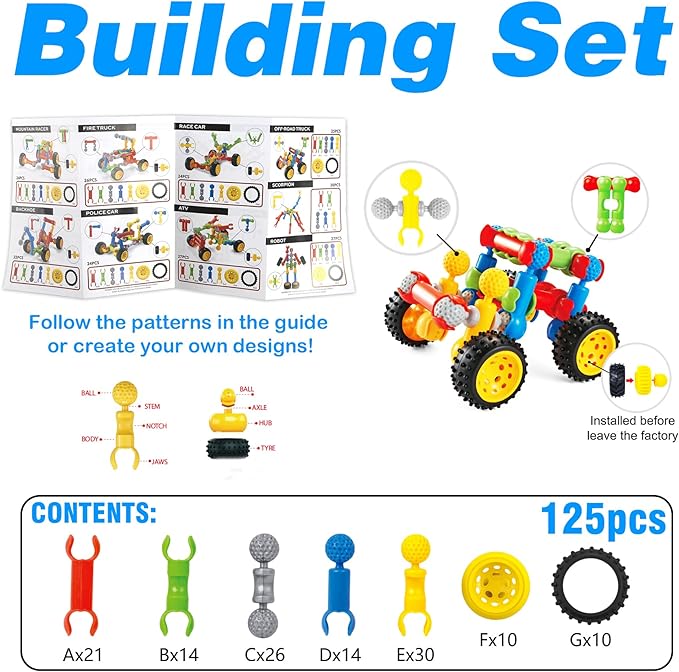 STEM Building Toys for 3 4 5 6 7 8 Year Old Boys Girls, 125 Pcs Stem Toys for 5 Year Old Building Blocks Educational STEM Kit Learning Creative Toys for 3-5 4-8 5-7 6-8 Kids, Birthday Gifts for Kids