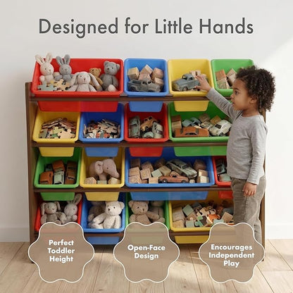 Humble Crew Toy Storage Organizer with 16 Removable Storage Bins for Kids Playroom, 4-Tier Toddler Toy Organization and Storage, Walnut/Primary